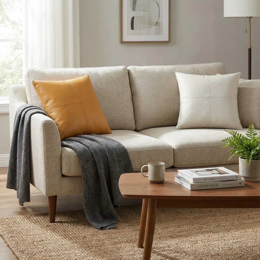 A&L °118 Faux Leather Cushion Cover - Modern Seamed Sofa Cushion