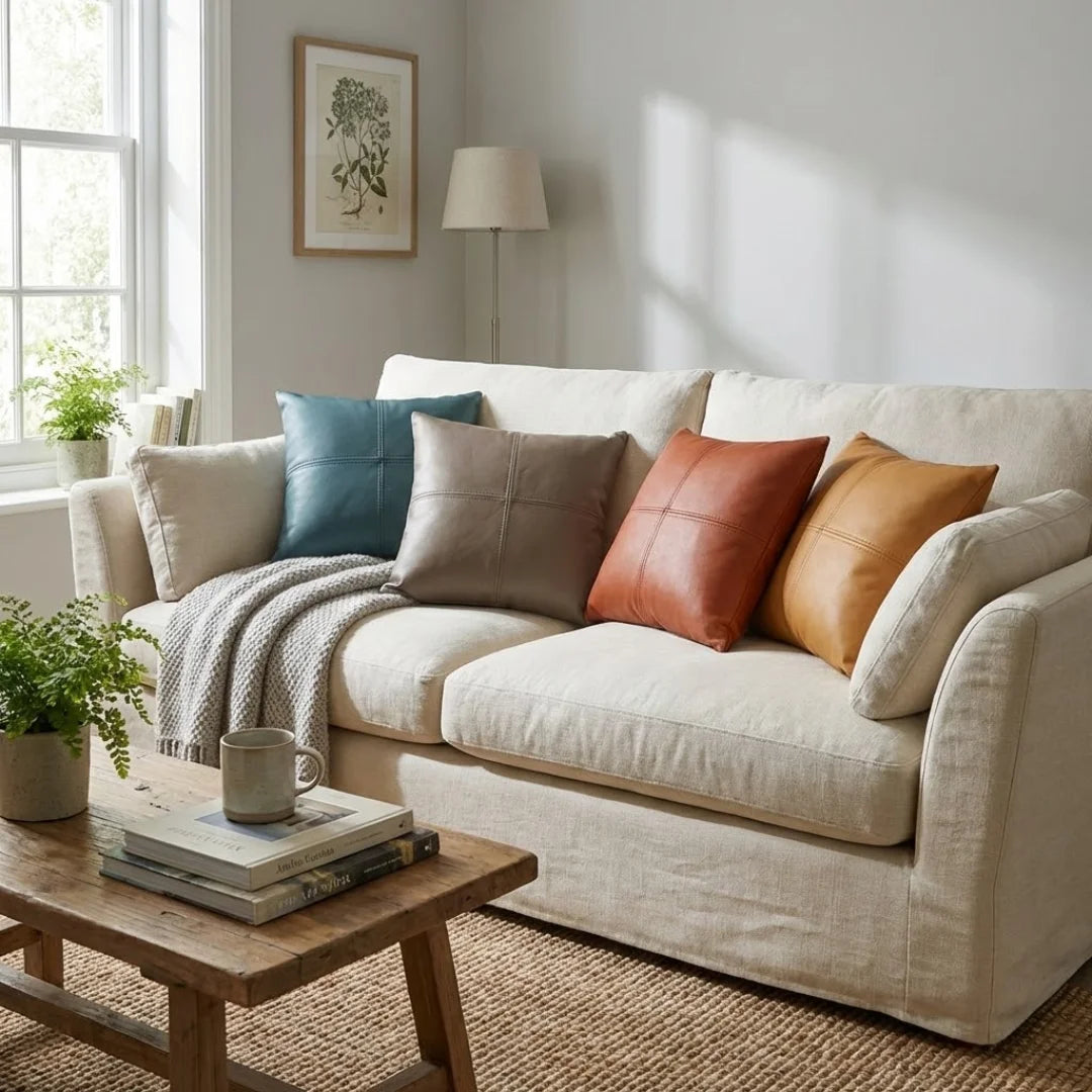 A&L °118 Faux Leather Cushion Cover - Modern Seamed Sofa Cushion