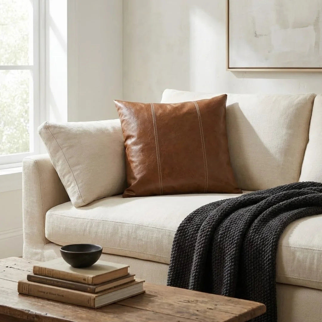 A&L °120 Brown Vegan Leather Cushion Cover – Striped Sofa Cushion