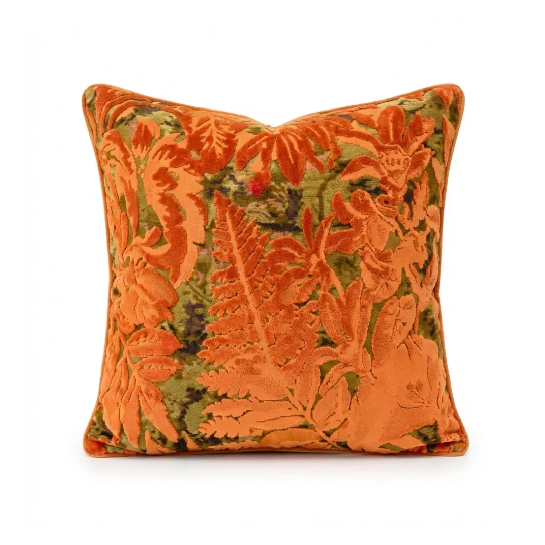 A&L °166 Orange Velvet Cushion Cover - Textured Botanical Sofa Cushion