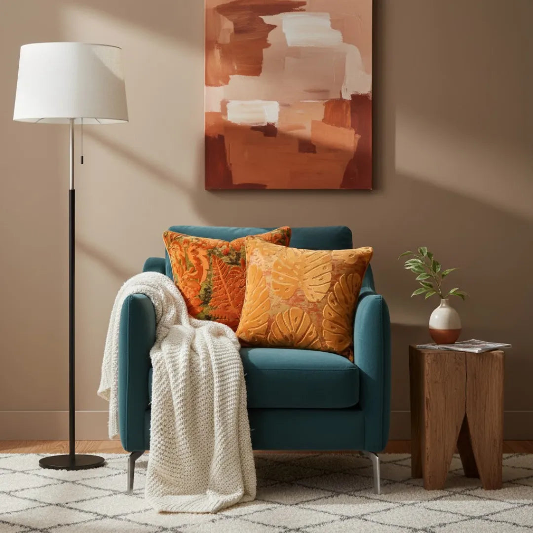 A&L °166 Orange Velvet Cushion Cover - Textured Botanical Sofa Cushion
