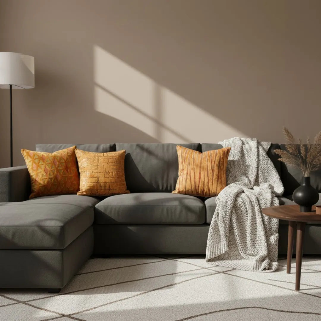 A&L °166 Orange Velvet Cushion Cover - Textured Botanical Sofa Cushion