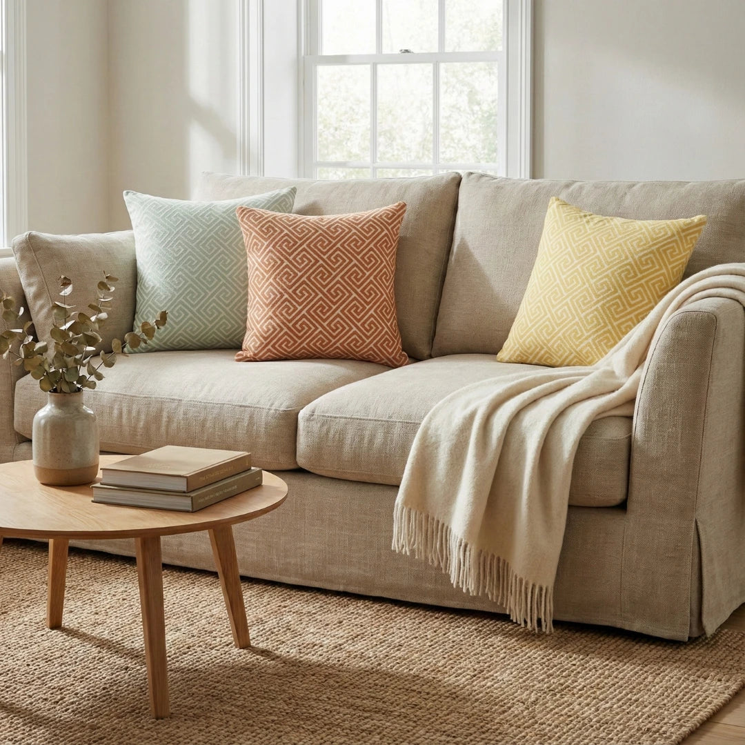 Beige sofa with patterned cushions and a blanket in a living room setting.